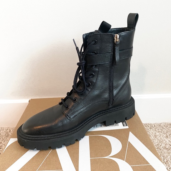ZARA Black Leather Combat Boot Lace + Buckle Closure Size EU 38 [2177-811-040] - Picture 9 of 12